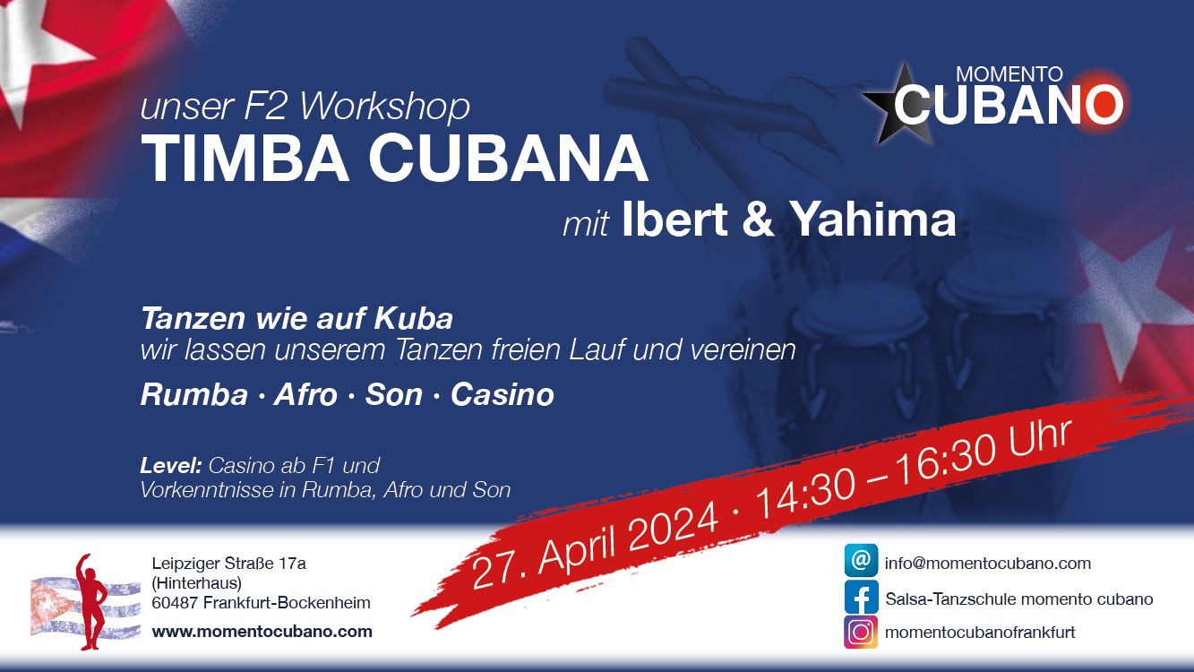 Timba Cubana - ein tänzerischer Cocktail aus Rumba, Afro, Son & Casino (Fortgeschrittene 2) mit Ibert & Yahima am Samstag, 27. April !